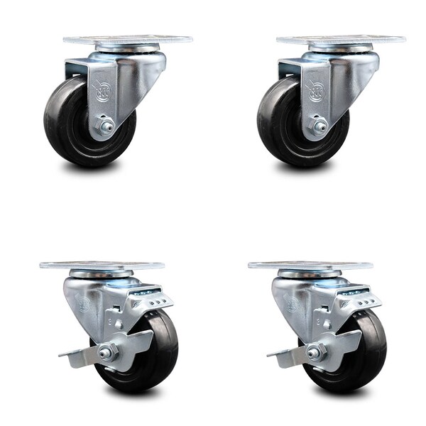 3 Inch Hard Rubber Wheel Swivel Top Plate Caster Set with 2 Brakes SCC